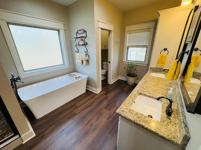 bathroom with a tub to relax in, toilet, wood-type flooring, and vanity