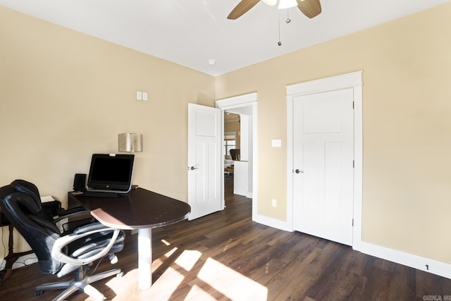 home office with dark hardwood / wood-style floors and ceiling fan