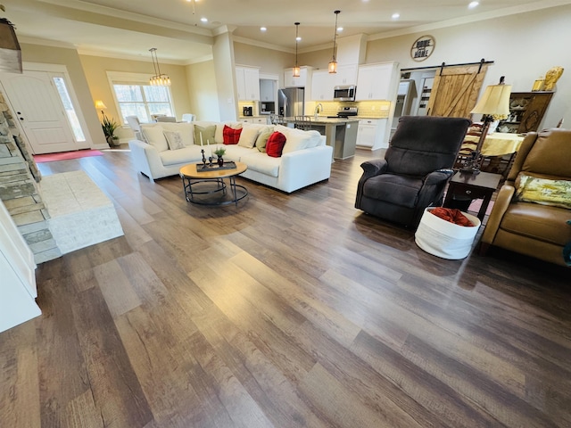 living room featuring sink, dark wood-type flooring, ornamental molding, and a barn door