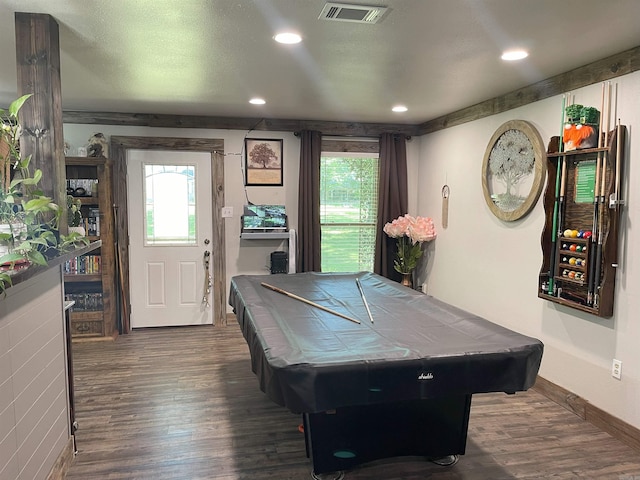 recreation room featuring dark hardwood / wood-style flooring and billiards