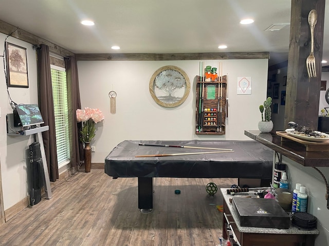 recreation room featuring hardwood / wood-style floors and pool table