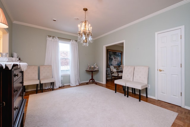 living area featuring ornamental molding, an inviting chandelier, and dark parquet floors