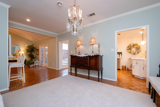 interior space featuring an inviting chandelier, parquet floors, and crown molding