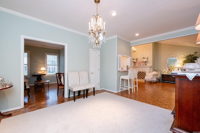 living area with ornamental molding, dark parquet flooring, and a notable chandelier