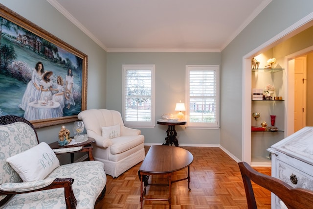 living area with crown molding and parquet floors