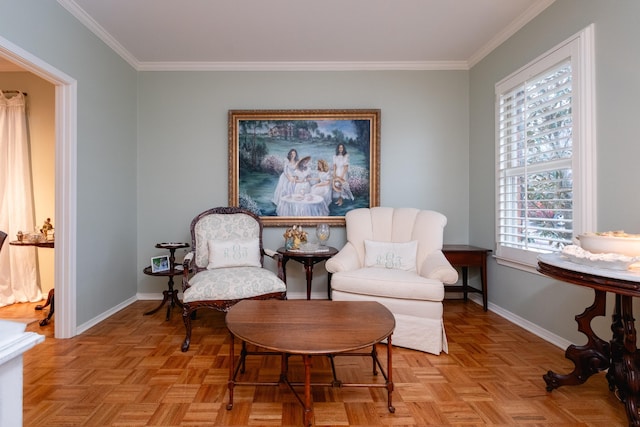 living area featuring crown molding and light parquet flooring