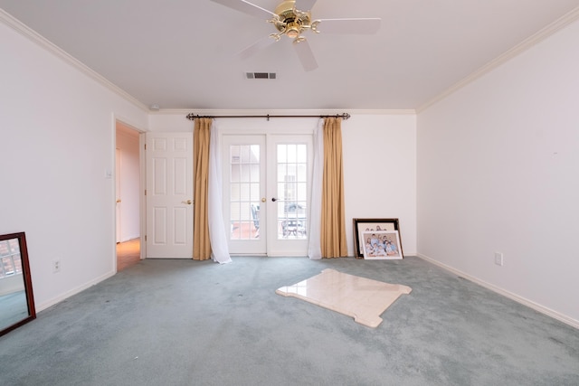 unfurnished living room featuring ornamental molding, french doors, ceiling fan, and carpet flooring