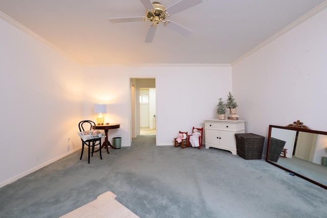 living area featuring crown molding, ceiling fan, and carpet flooring