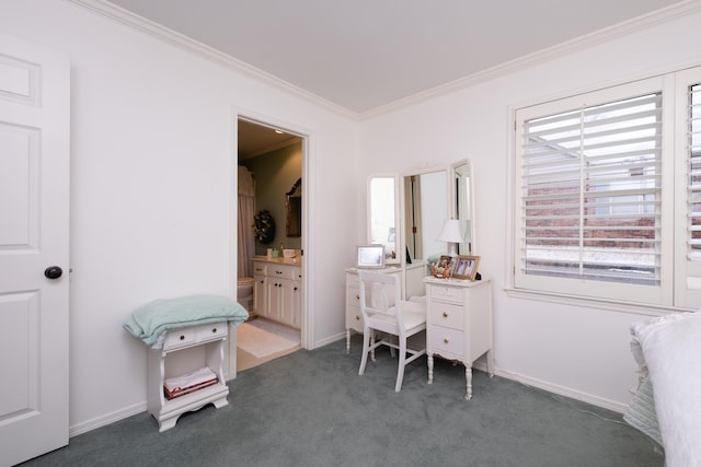 office with ornamental molding, a healthy amount of sunlight, and dark carpet