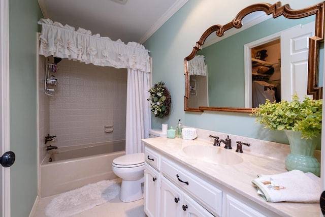 full bathroom with ornamental molding, shower / bath combo, vanity, and toilet