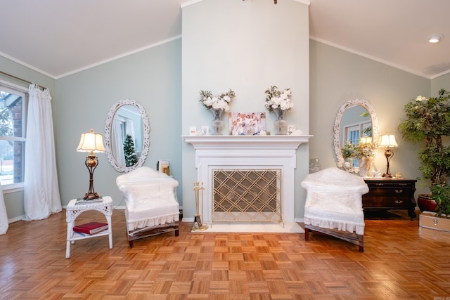 living area featuring a tile fireplace, lofted ceiling, ornamental molding, and light parquet flooring