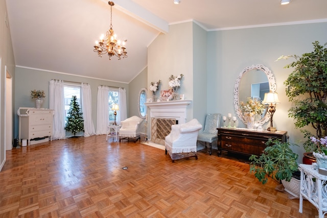 sitting room featuring light parquet floors, ornamental molding, an inviting chandelier, and beamed ceiling