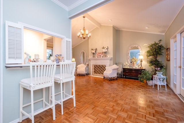 dining space featuring an inviting chandelier, ornamental molding, high vaulted ceiling, and light parquet floors