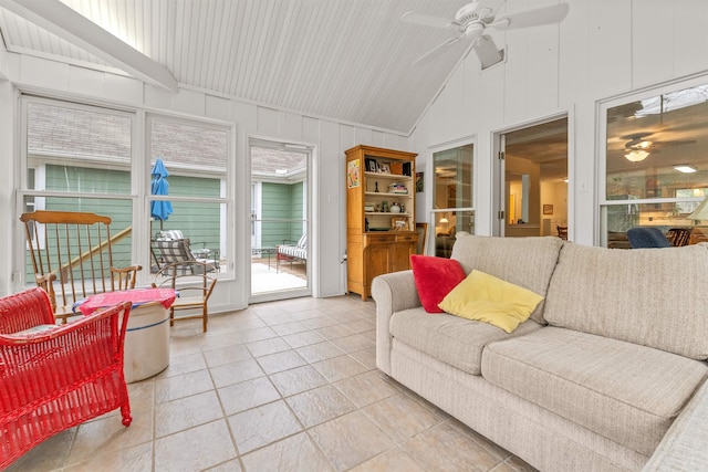 sunroom / solarium featuring lofted ceiling and ceiling fan