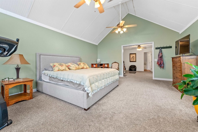 bedroom with carpet floors, high vaulted ceiling, and ceiling fan