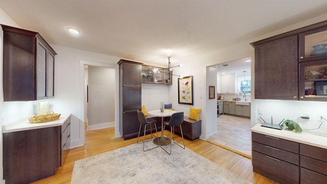 kitchen featuring sink, dark brown cabinetry, and light hardwood / wood-style flooring