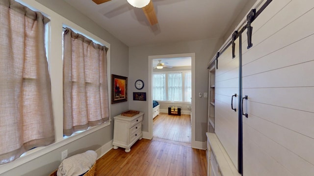 bathroom with hardwood / wood-style flooring and ceiling fan