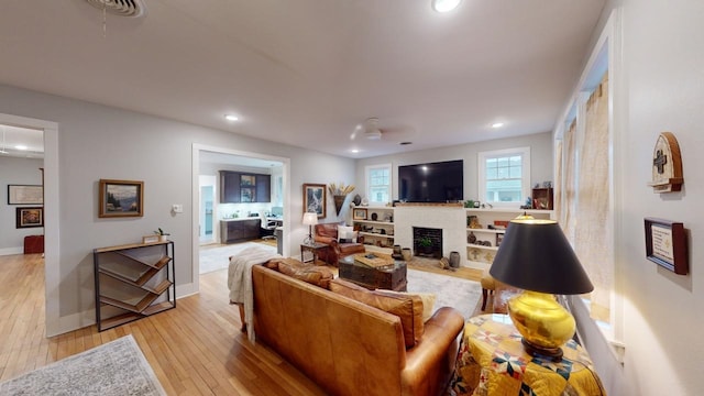 living room featuring a fireplace and light wood-type flooring