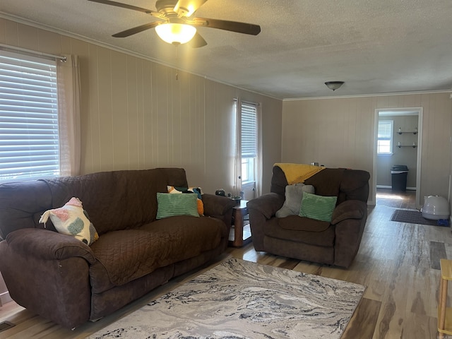 living room featuring ceiling fan, light hardwood / wood-style flooring, ornamental molding, and a textured ceiling