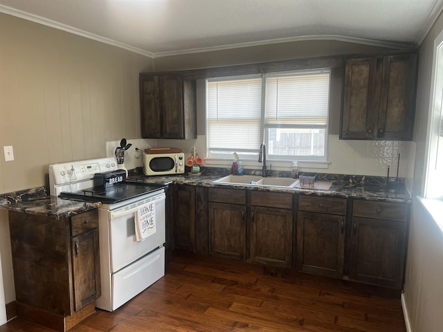 kitchen featuring dark wood-type flooring, white electric range oven, sink, and dark brown cabinets