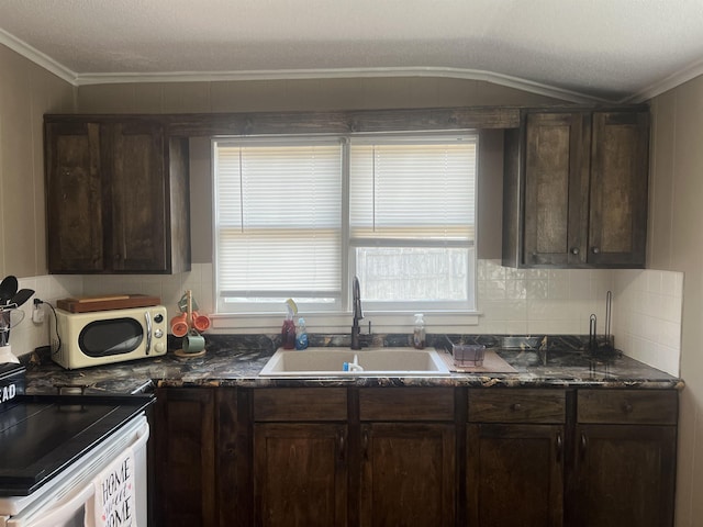 kitchen featuring tasteful backsplash, sink, stove, dark brown cabinetry, and crown molding