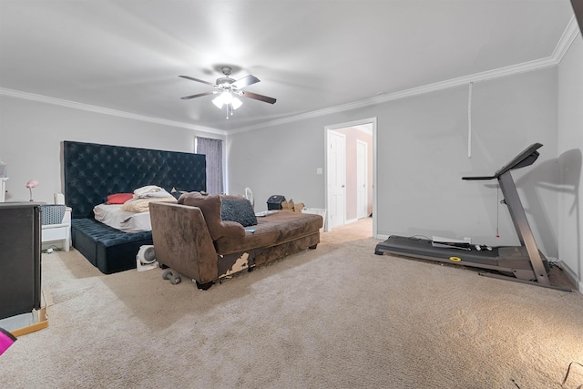 bedroom with crown molding, light carpet, and ceiling fan