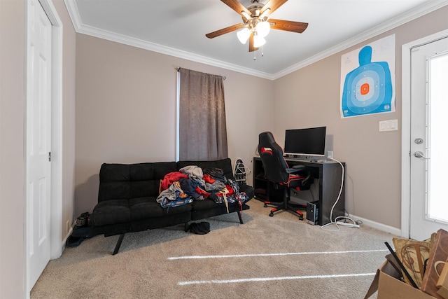 office featuring ceiling fan, light colored carpet, and ornamental molding