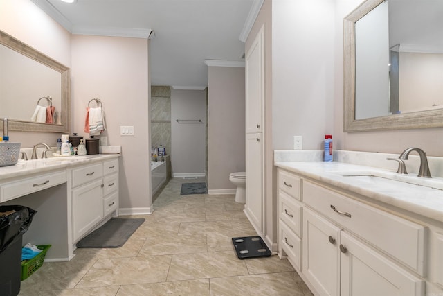 bathroom with crown molding, a bath, vanity, and toilet