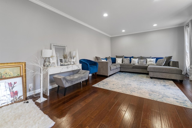 living room featuring crown molding and dark wood-type flooring