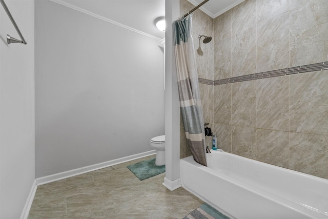 bathroom featuring ornamental molding, shower / bath combination with curtain, and toilet