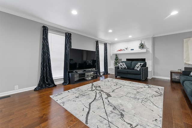 living room featuring ornamental molding, dark wood-type flooring, and a fireplace