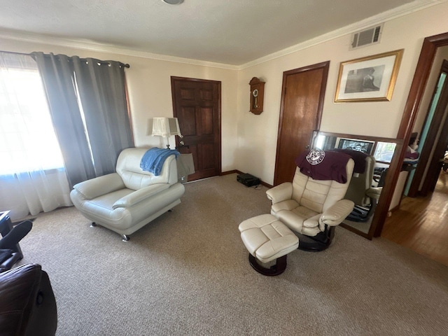 interior space with crown molding, plenty of natural light, and light carpet