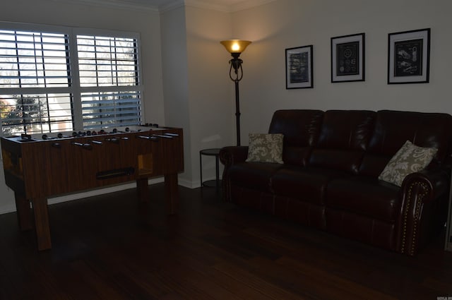 living room featuring ornamental molding and dark hardwood / wood-style flooring