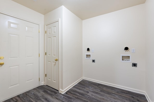 clothes washing area with electric dryer hookup, hookup for a washing machine, and dark wood-type flooring