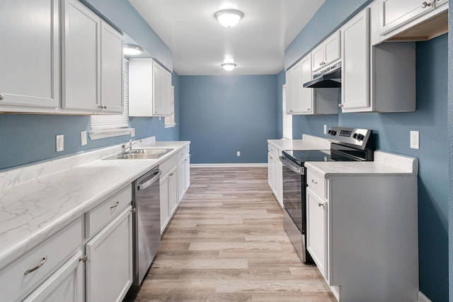 kitchen featuring stainless steel appliances, sink, white cabinets, and light wood-type flooring