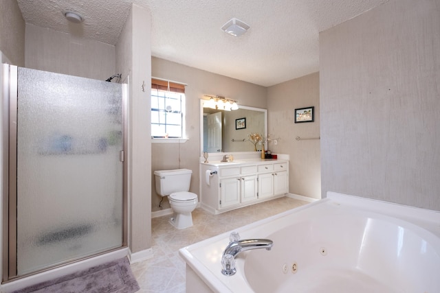 full bathroom with vanity, separate shower and tub, and a textured ceiling