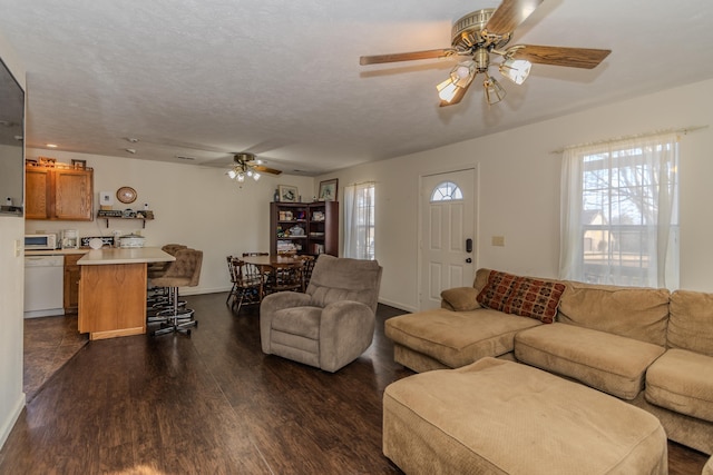 living room with ceiling fan, dark hardwood / wood-style floors, a textured ceiling, and a wealth of natural light