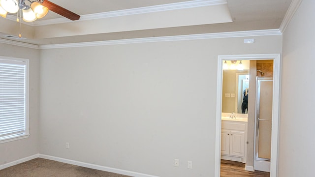 empty room with sink, ornamental molding, and ceiling fan