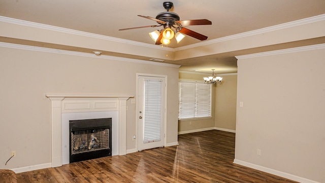 unfurnished living room with crown molding, dark hardwood / wood-style floors, and ceiling fan with notable chandelier