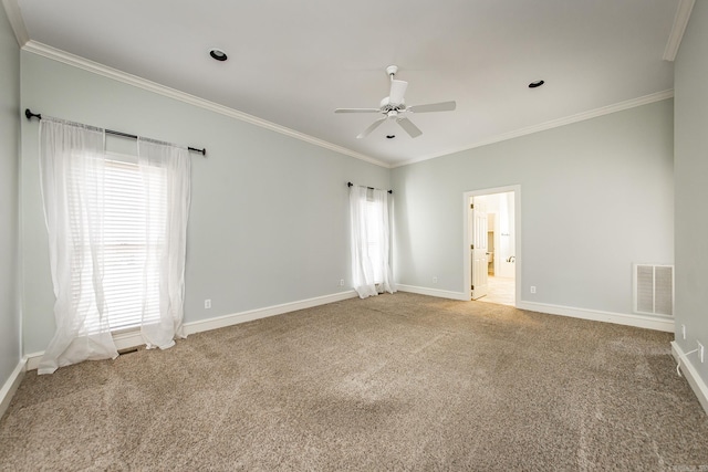 carpeted empty room with ceiling fan, ornamental molding, and plenty of natural light