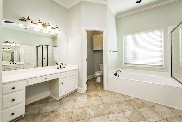 full bathroom with toilet, separate shower and tub, ornamental molding, vanity, and tile patterned flooring