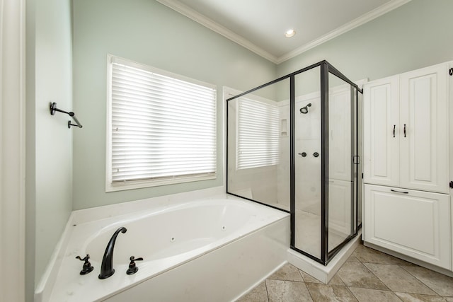 bathroom featuring tile patterned floors, ornamental molding, and separate shower and tub