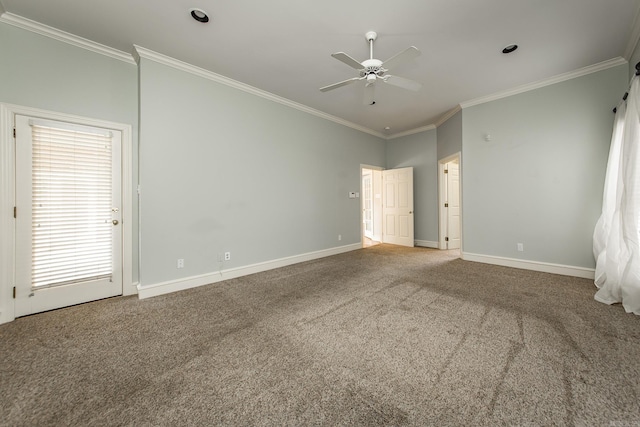 unfurnished bedroom featuring ornamental molding, carpet floors, and ceiling fan