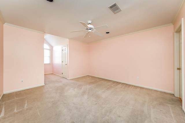 carpeted empty room featuring ornamental molding and ceiling fan