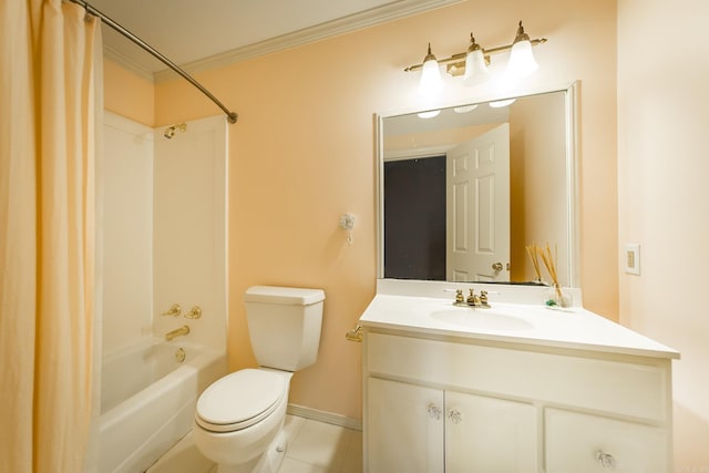 full bathroom with shower / bath combination with curtain, vanity, toilet, crown molding, and tile patterned floors