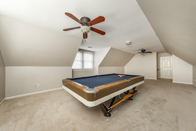 recreation room featuring lofted ceiling, pool table, and carpet