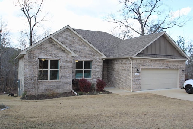 single story home with a garage and a front lawn