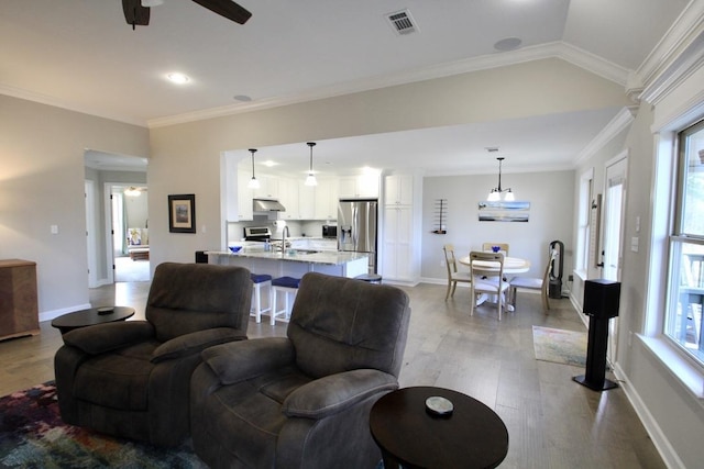 living room featuring crown molding, light hardwood / wood-style floors, and a wealth of natural light