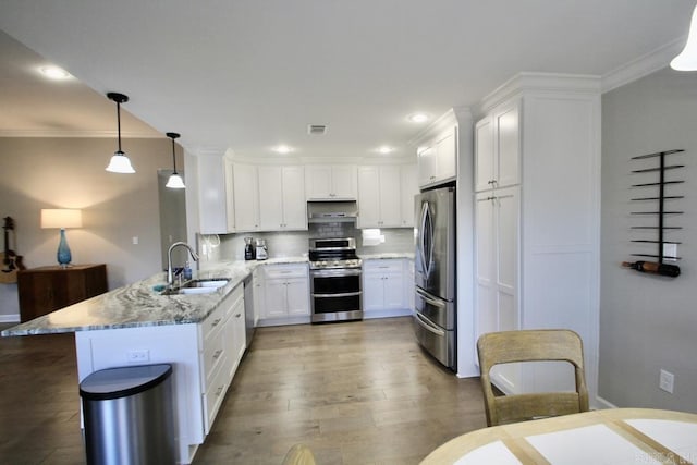 kitchen featuring decorative light fixtures, white cabinetry, sink, kitchen peninsula, and stainless steel appliances