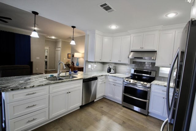 kitchen with sink, white cabinetry, hanging light fixtures, kitchen peninsula, and stainless steel appliances